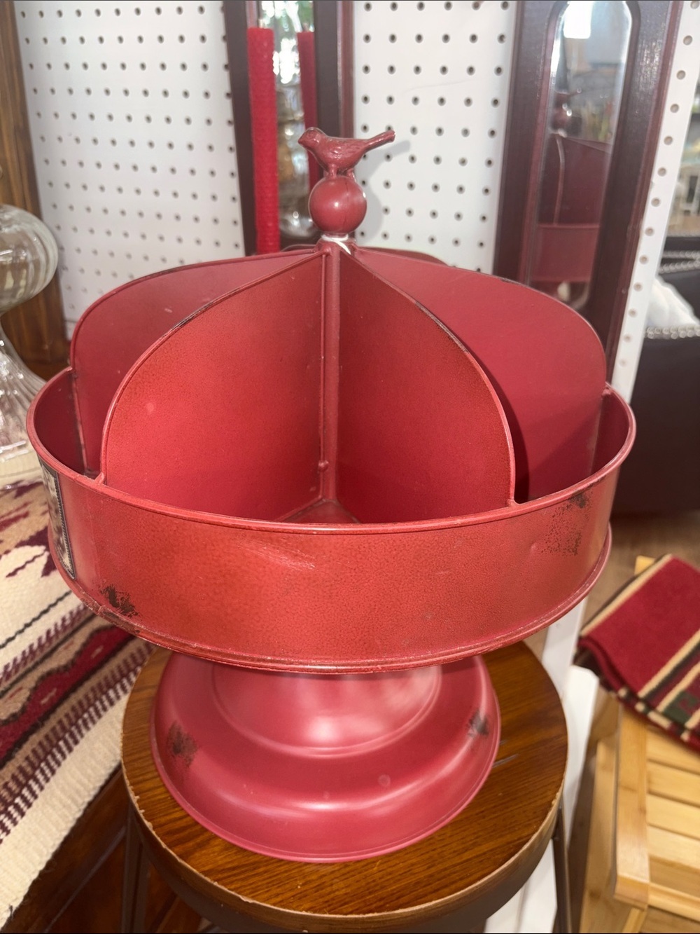 Red Tiered Metal Decorative Organizer with Bird Finial